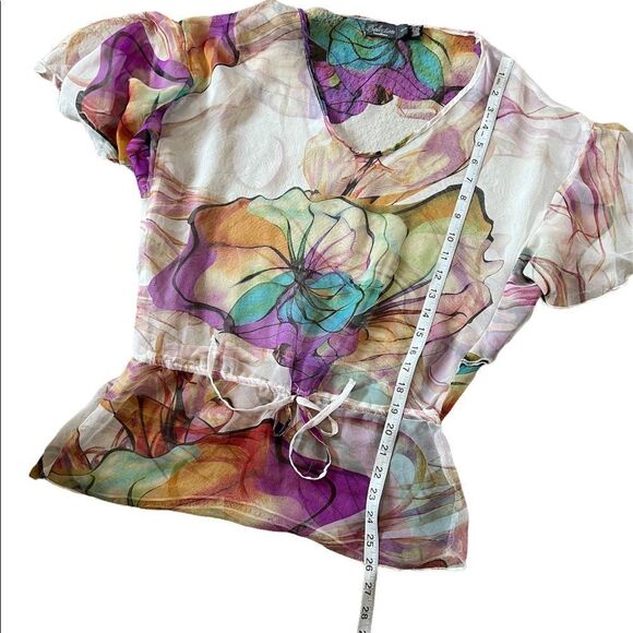 COSTA BLANCA Beige Floral Watercolour Semi Sheer Flutter Short Sleeve Top XS - Picture 5 of 7